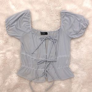 blue sheer tie front top
